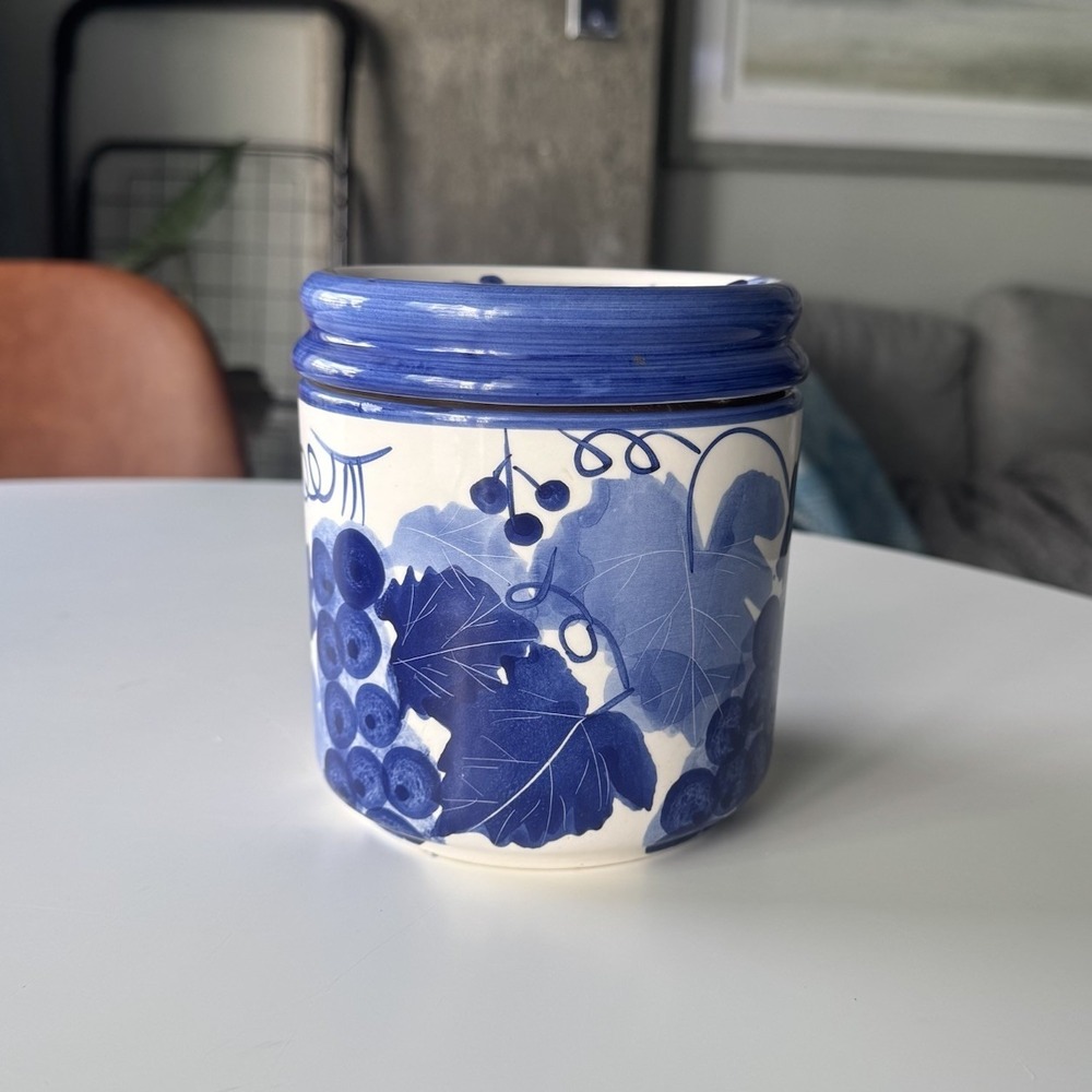 Hand Painted Blue Design Pac Inc Canister Grape Vine Pattern 5"x5"
